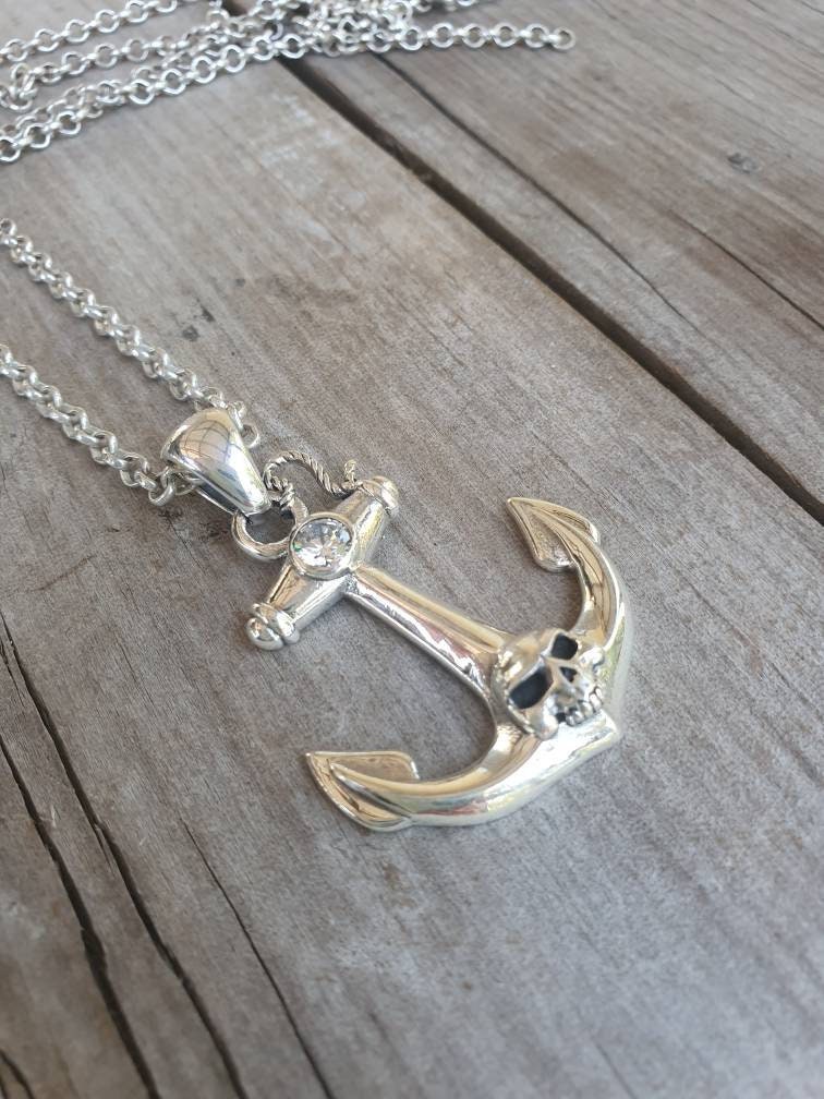 Large anchor pendant,sterling silver,nautical,skull, sailor,ship,maritime,rockabilly,cubic zirconia,hipster,