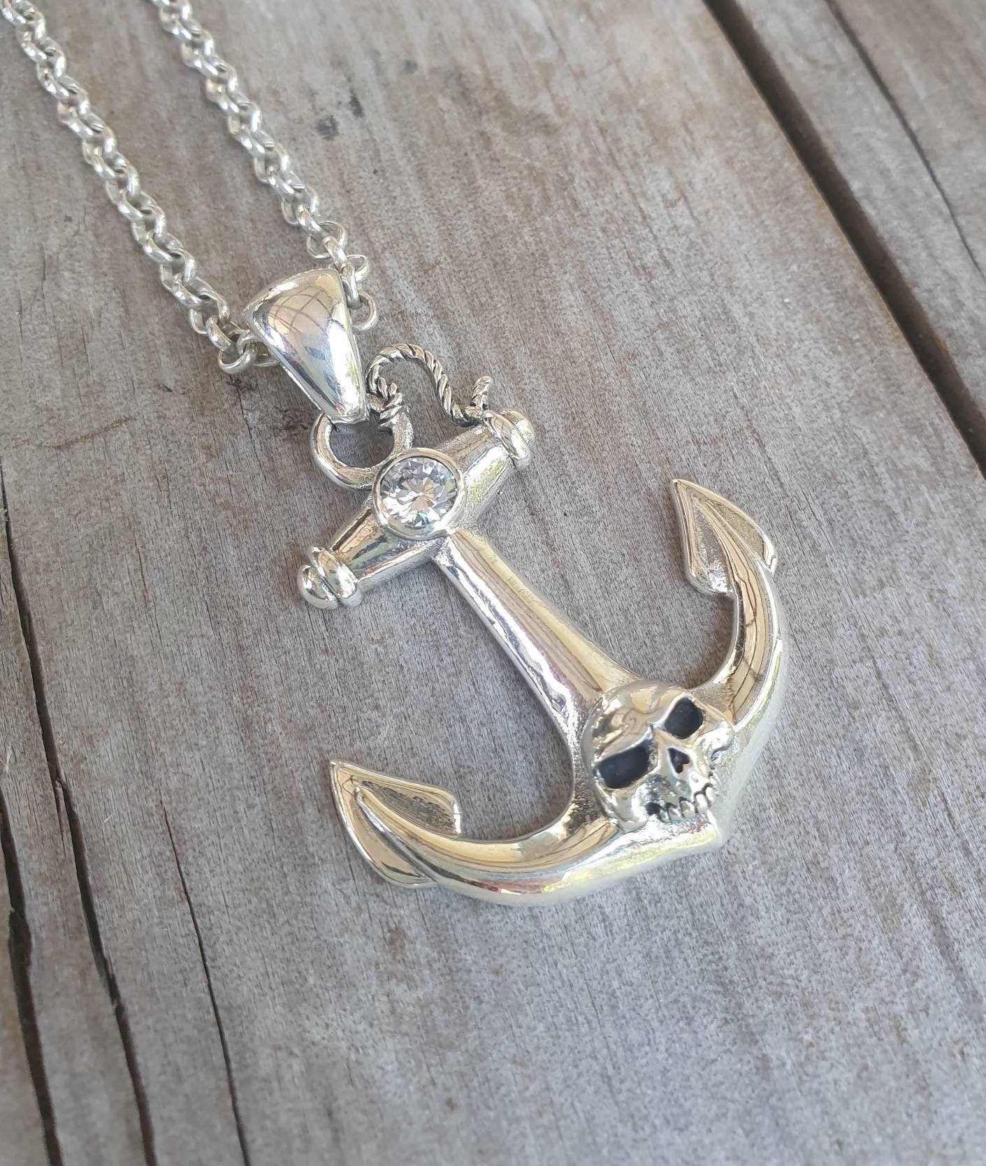 Large anchor pendant,sterling silver,nautical,skull, sailor,ship,maritime,rockabilly,cubic zirconia,hipster,