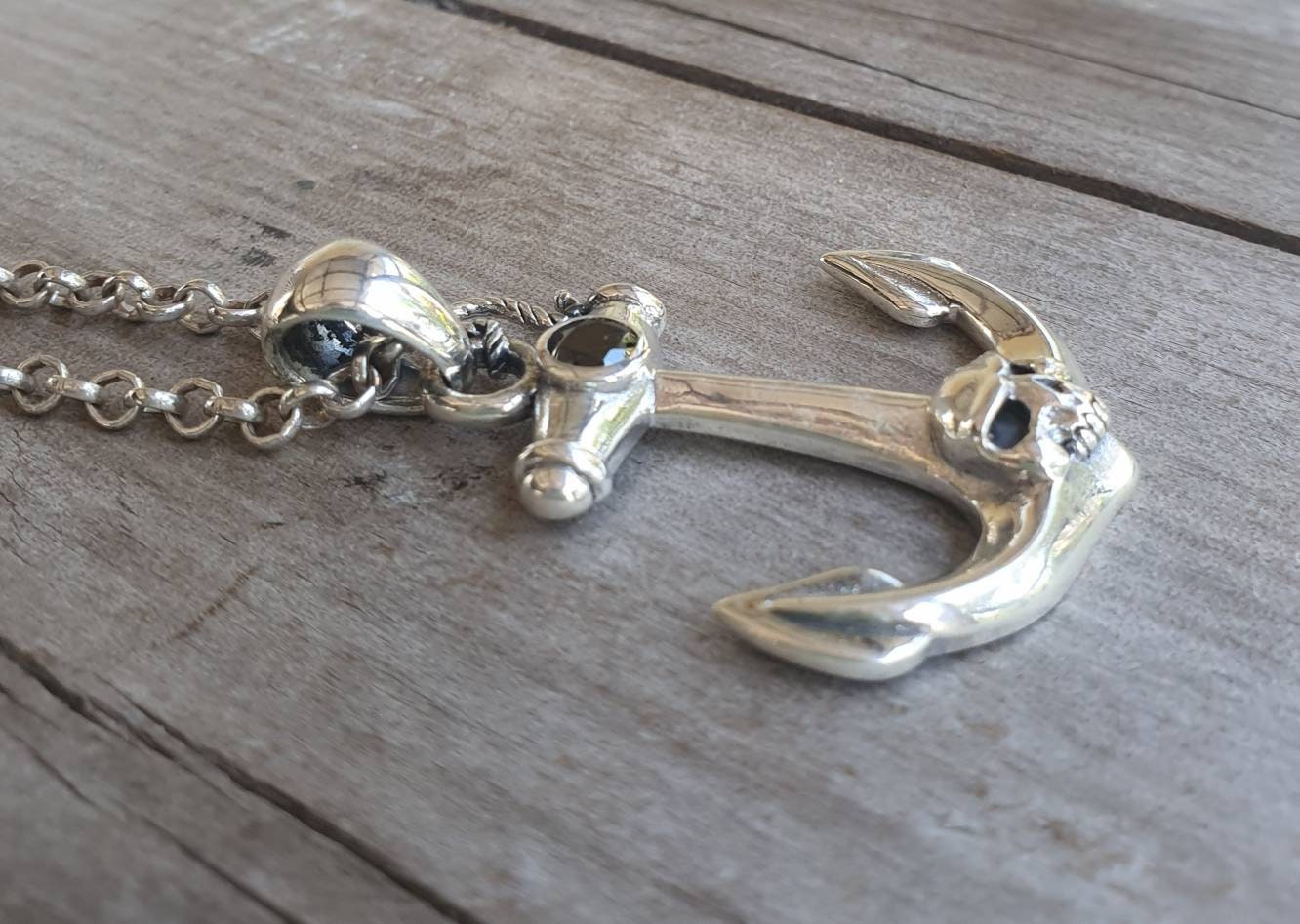 Large anchor pendant,sterling silver,nautical,skull, sailor,ship,maritime,rockabilly,cubic zirconia,hipster,