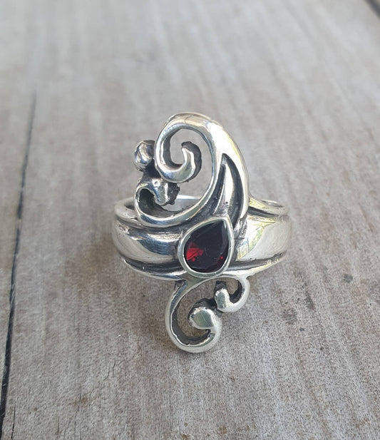 Garnet ring,sterling silver,scroll with teardrop stone,handmade,steampunk,gothic,art nouveau, tribal,swirl,boho,gypsy,hippy,rockabilly