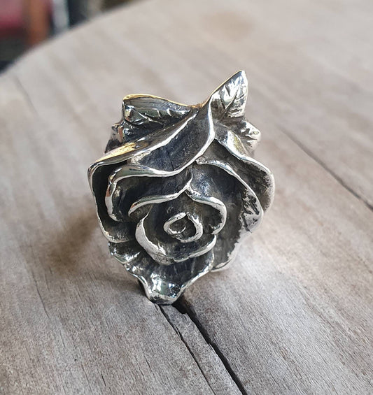 Rose ring,Large victorian style rose, sterling silver,long ring,vintage,boho, gothic art nouveau