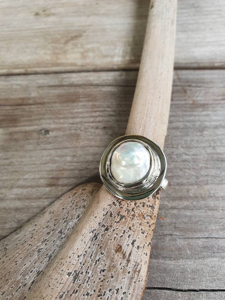 Large ring,coin pearl,sterling silver, freshwater freeform pearl,chunky ring,wedding ring,boho,handmade, retro ring,modern,