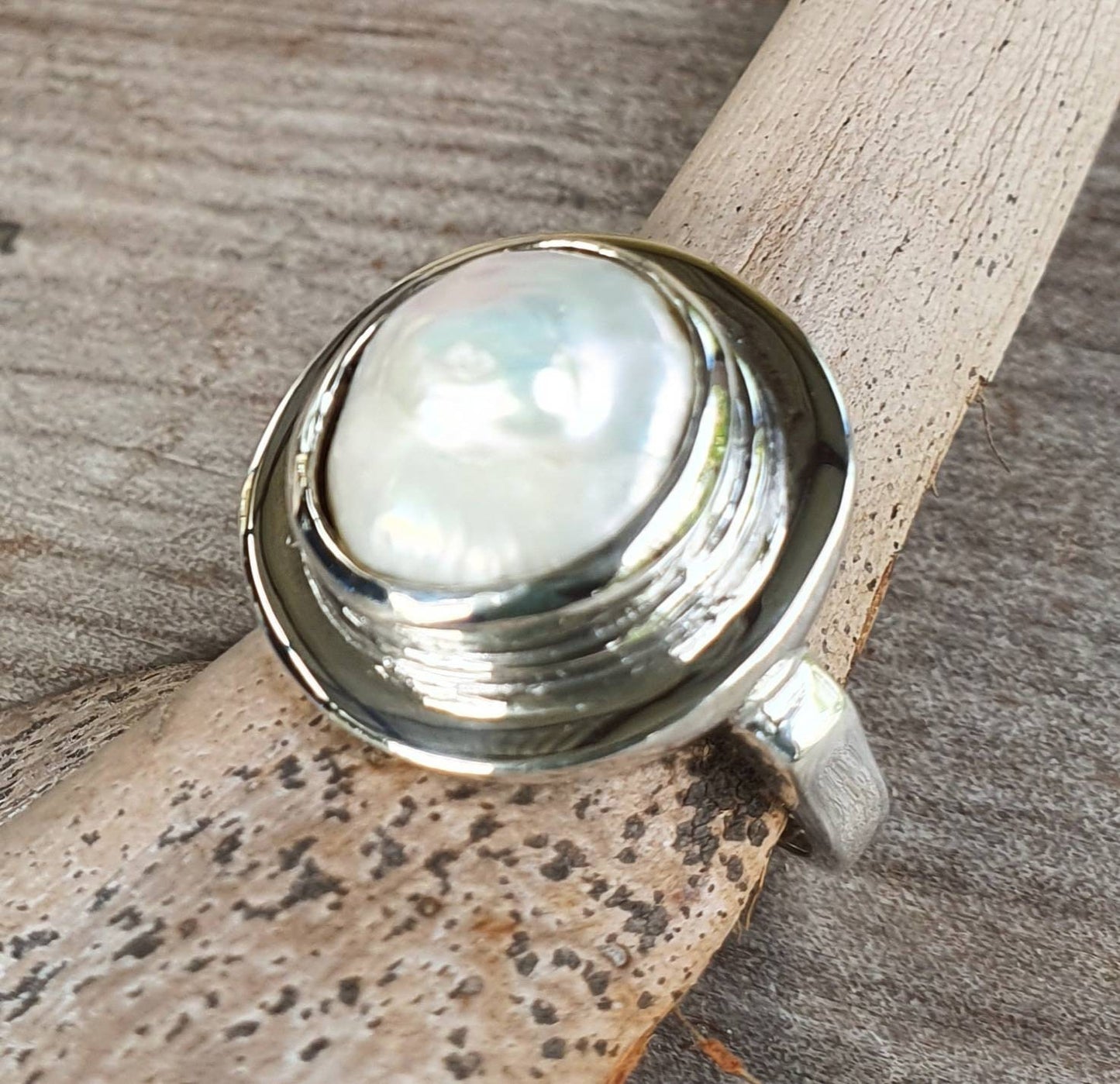 Large ring,coin pearl,sterling silver, freshwater freeform pearl,chunky ring,wedding ring,boho,handmade, retro ring,modern,