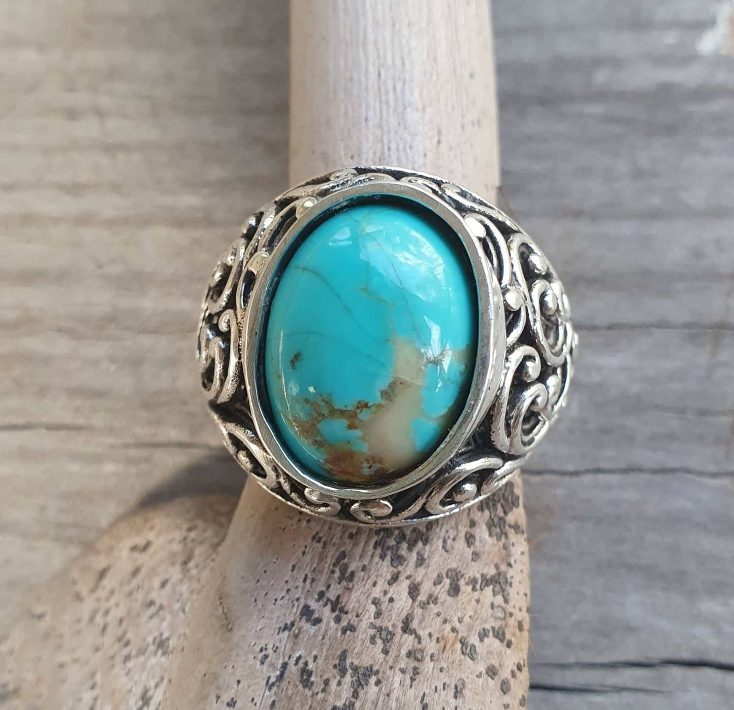 Turquoise chunky ring, sterling silver,beautiful scroll sides,vintage style,Japanese style waves,baroque,mens fashion,boho,