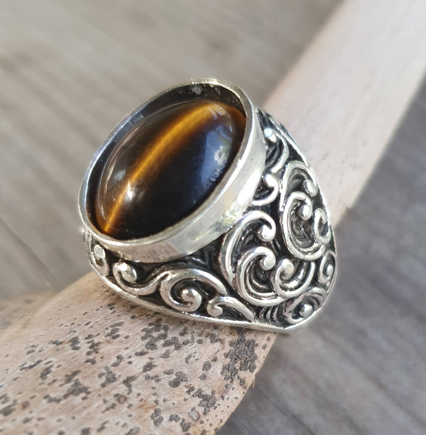 Tigers eye chunky ring, sterling silver,beautiful scroll sides,vintage style,Japanese style waves,baroque,mens fashion,boho,