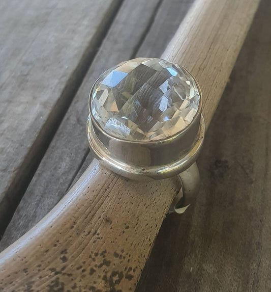 Large quartz ring,sterling silver,checkerboard cut stone,handmade,goddess,boho,solitare ring,new age,goddess, zirconia,