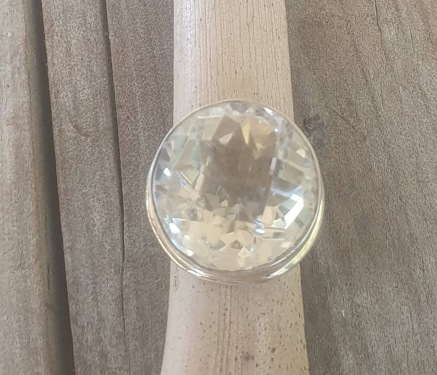 Large quartz ring,sterling silver,checkerboard cut stone,handmade,goddess,boho,solitare ring,new age,goddess, zirconia,