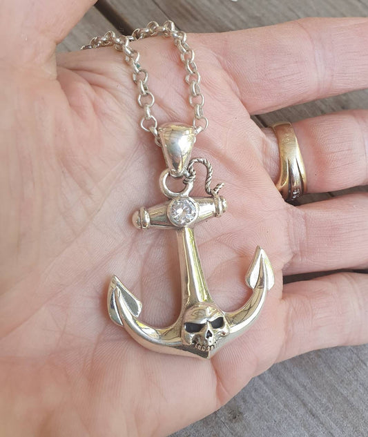 Large anchor pendant,sterling silver,nautical,skull, sailor,ship,maritime,rockabilly,cubic zirconia,hipster,