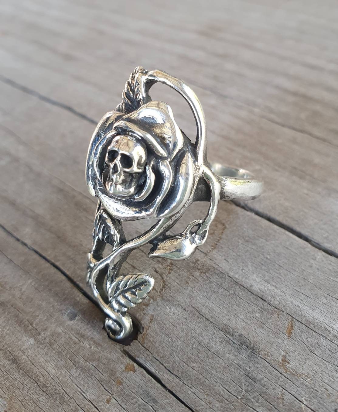 Rose skull ring, sterling silver,long rose ring,alternative steampunk gothic biker art nouveau victorian