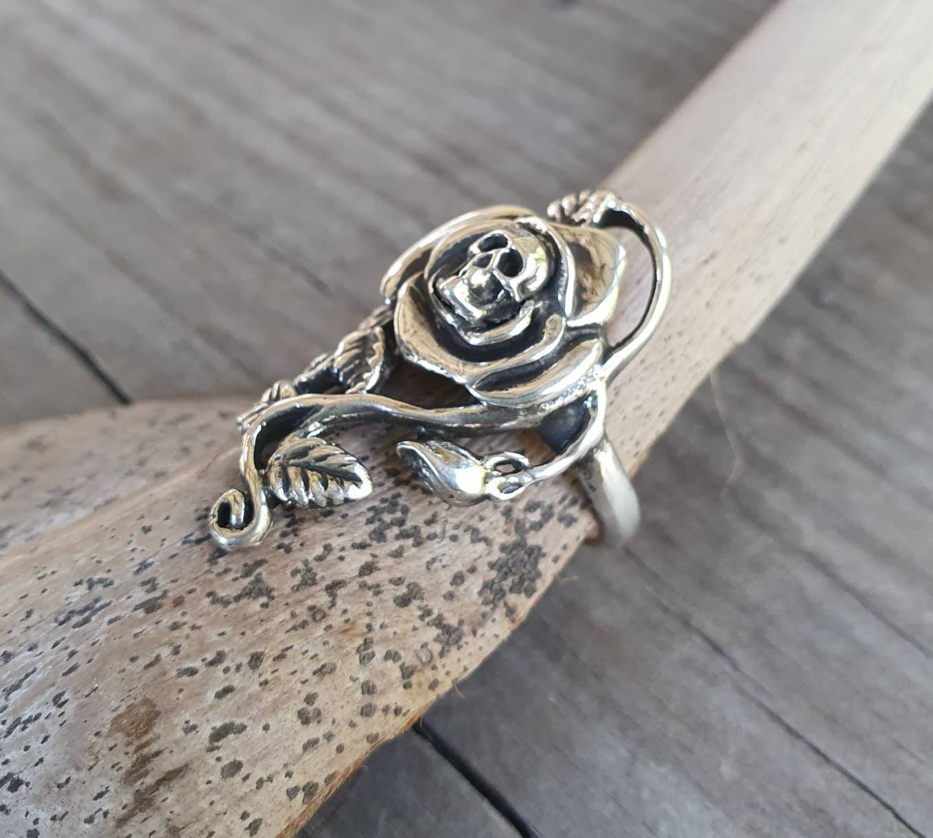 Rose skull ring, sterling silver,long rose ring,alternative steampunk gothic biker art nouveau victorian