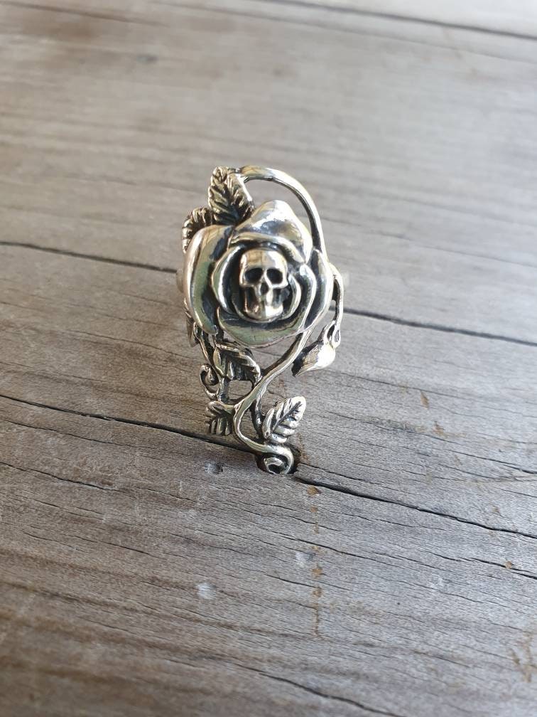 Rose skull ring, sterling silver,long rose ring,alternative steampunk gothic biker art nouveau victorian