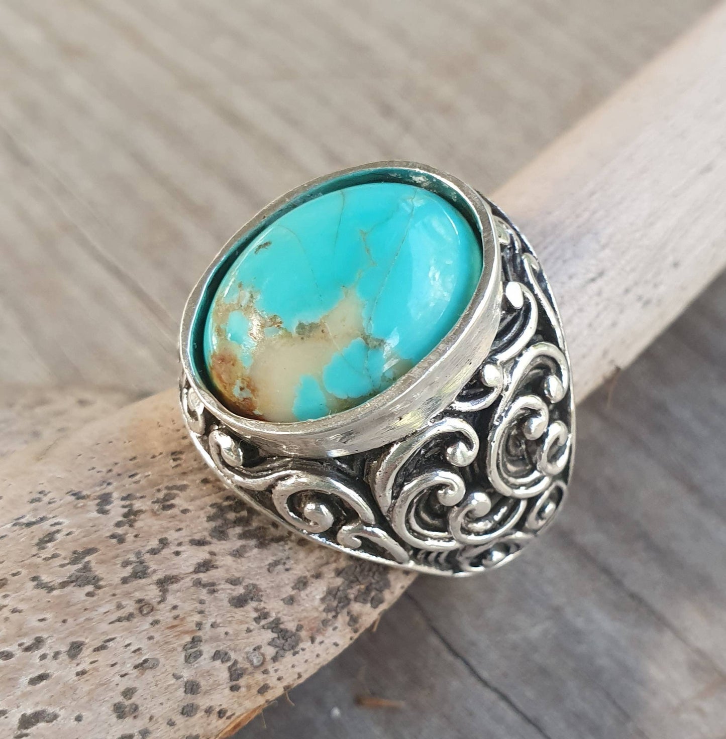 Turquoise chunky ring, sterling silver,beautiful scroll sides,vintage style,Japanese style waves,baroque,mens fashion,boho,