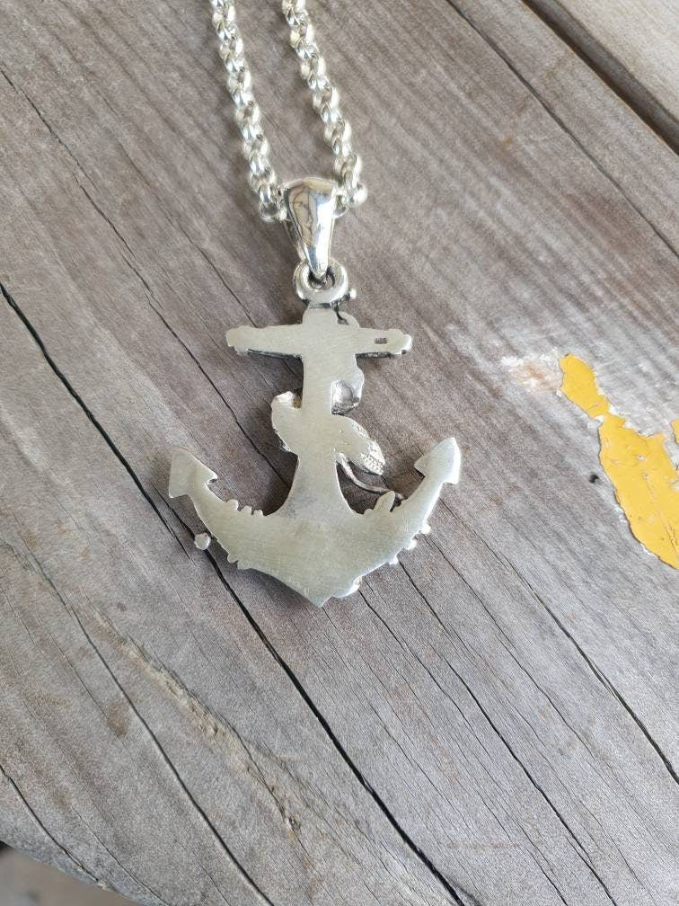 Large anchor pendant,sterling silver,moray eel,nautical, sailor,ship,maritime,rockabilly, snake,hipster