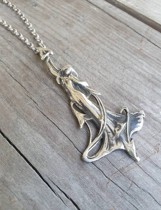 Art nouveau pendant, goddess,sterling silver,lilly pendant,long silver lady