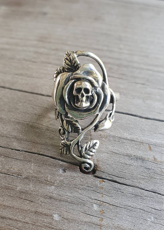 Rose skull ring, sterling silver,long rose ring,alternative steampunk gothic biker art nouveau victorian