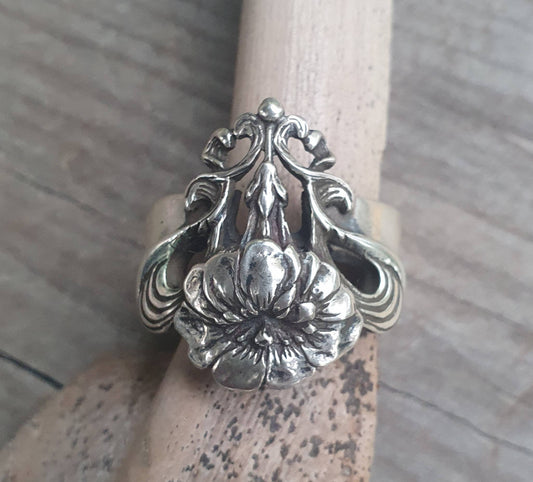 Large flower ring,art nouveau,sterling silver,victorian style, cameo,rose ring,handmade,long silver ring,chunky ring,goddess