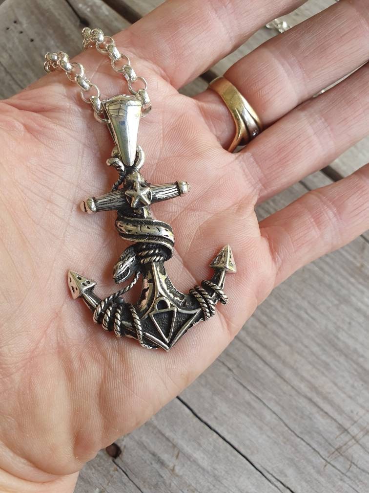 Large anchor pendant,sterling silver,moray eel,nautical, sailor,ship,maritime,rockabilly, snake,hipster