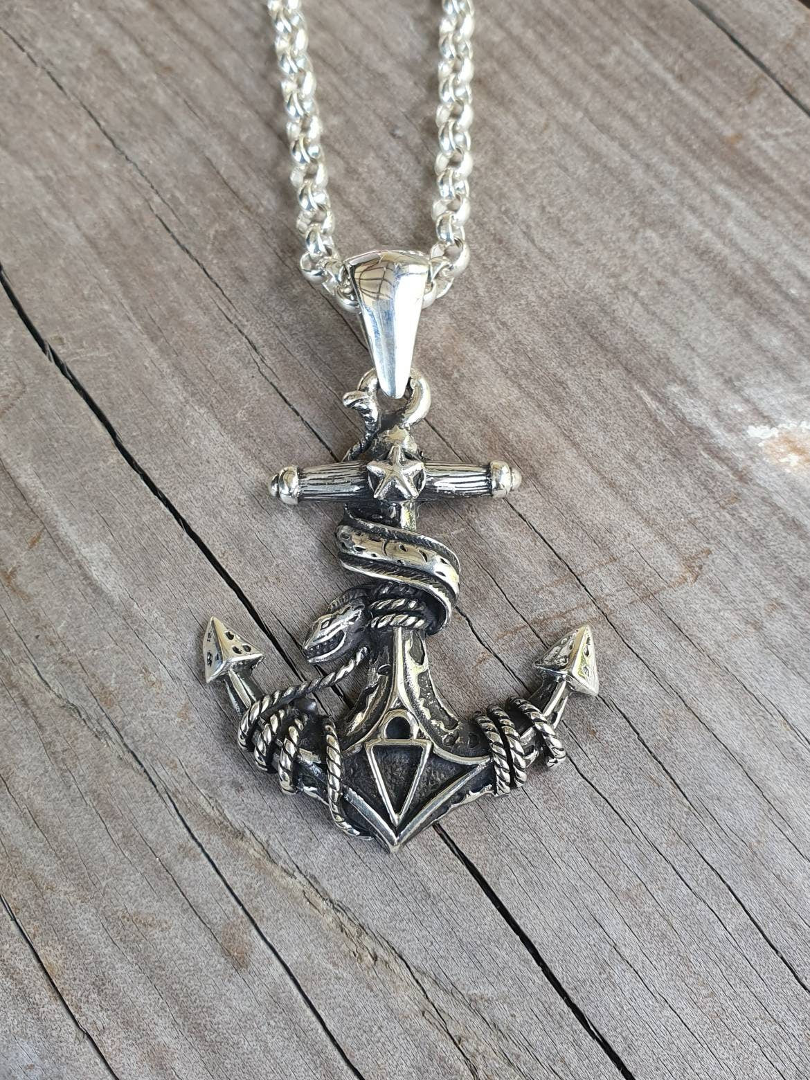 Large anchor pendant,sterling silver,moray eel,nautical, sailor,ship,maritime,rockabilly, snake,hipster