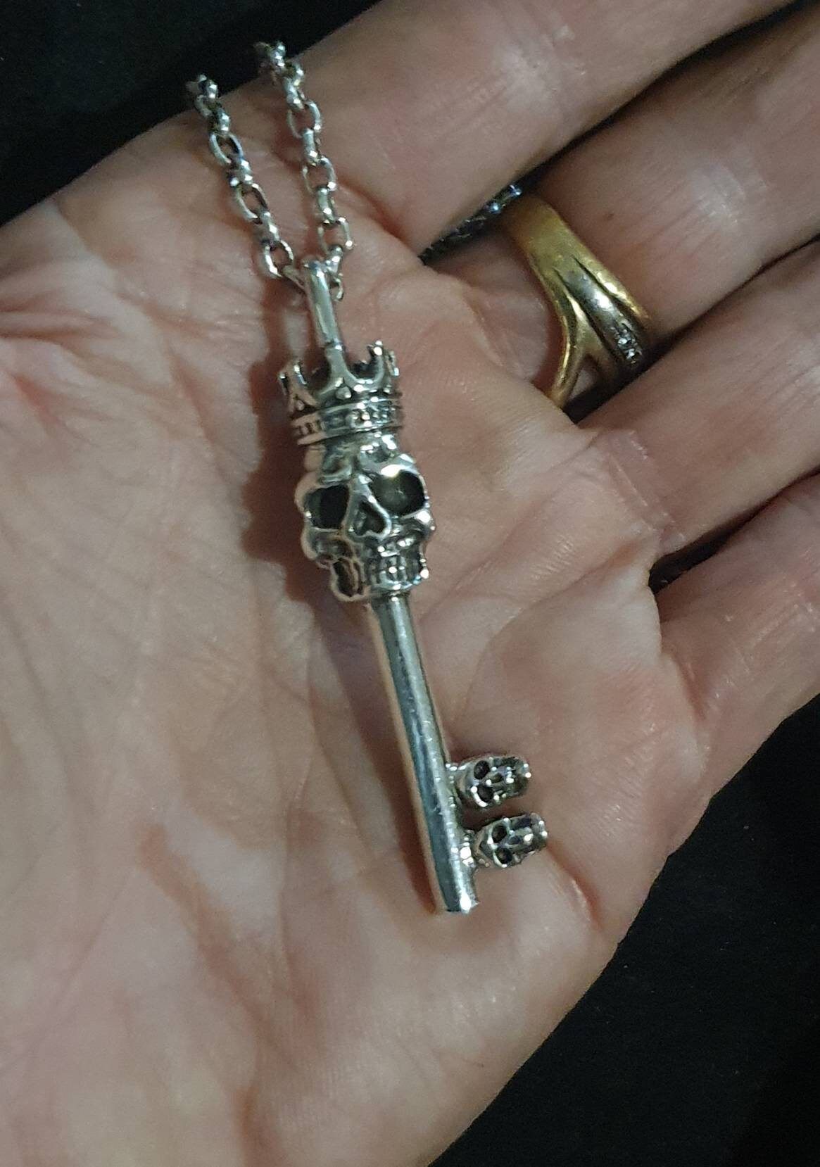 Large key,skull crown pendant,14gms sterling silver,long silver key ,steampunk ,rockabilly ,handmade,gothic punk,grunge,boho,biker,crown