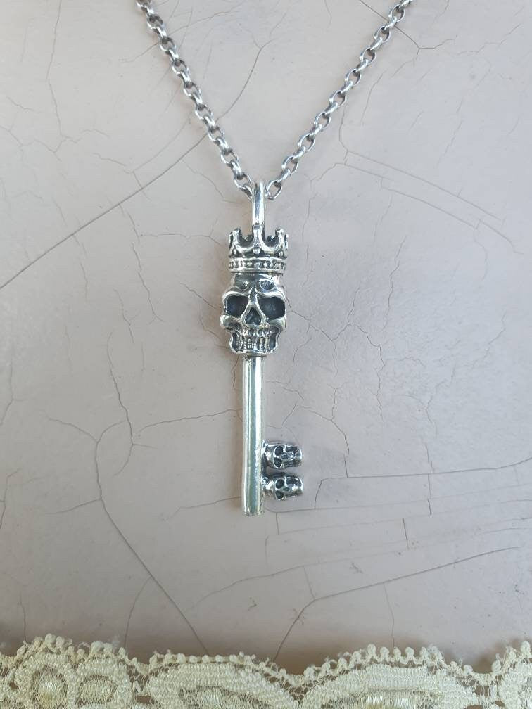 Large key,skull crown pendant,14gms sterling silver,long silver key ,steampunk ,rockabilly ,handmade,gothic punk,grunge,boho,biker,crown