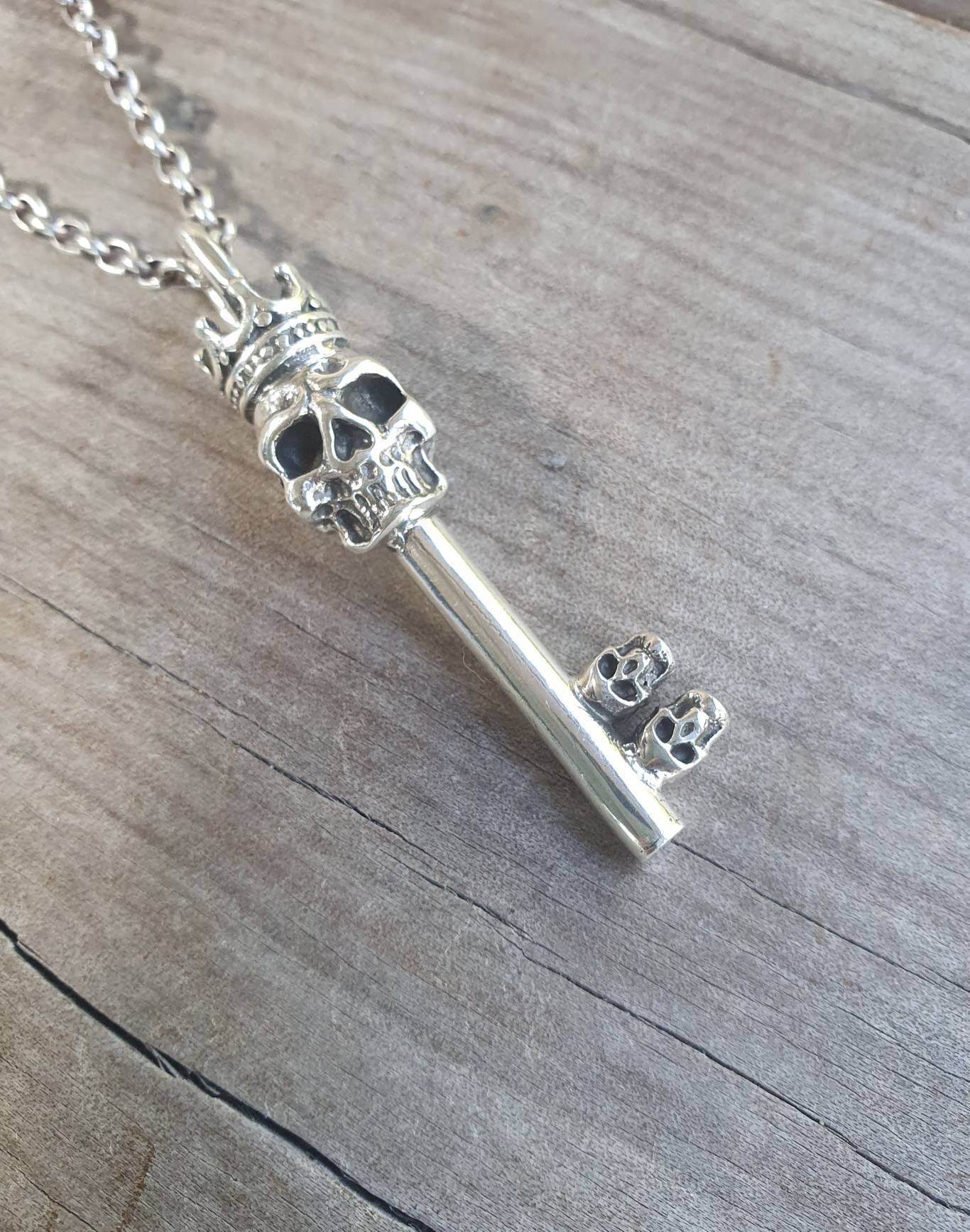 Large key,skull crown pendant,14gms sterling silver,long silver key ,steampunk ,rockabilly ,handmade,gothic punk,grunge,boho,biker,crown