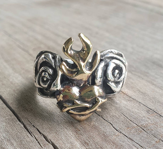 sacred heart ring,two tone,sterling silver & gold brass,rose ring,rockabiily, steampunk,hipster, gothic ,punk,