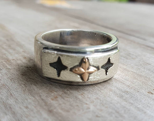 Gold Cross ring,Star,two tone ring,10k gold,sterling silver,chunky,even cross, wedding,oxidized,Christian,