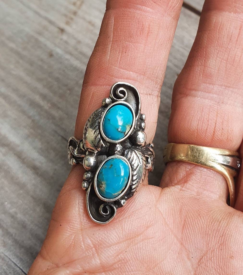 Turquoise ring,leaf ring,sterling silver, alternative, steampunk,gothic,victorian, flower,rockabilly,long ring,boho,gypsy,tribal