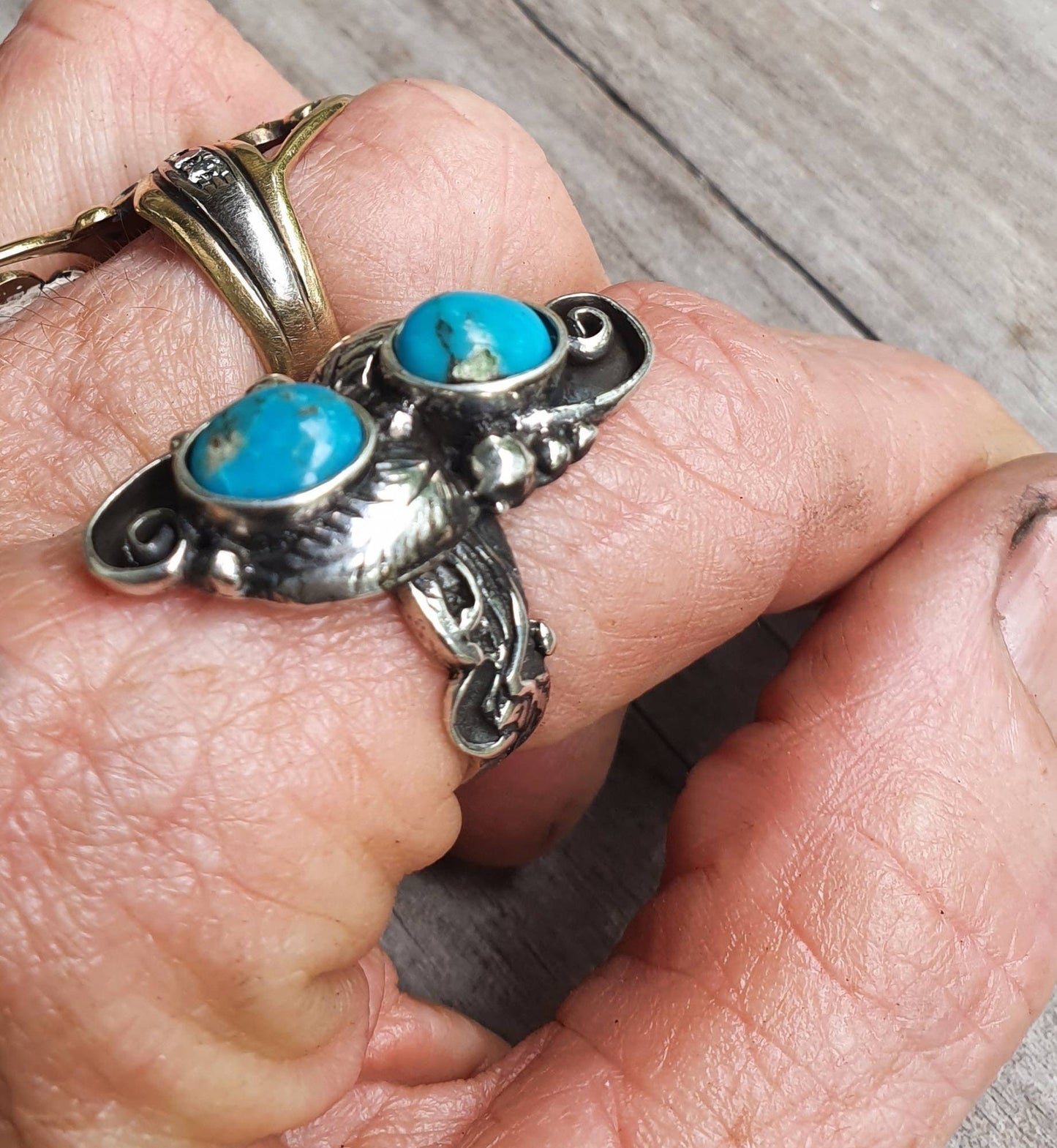 Turquoise ring,leaf ring,sterling silver, alternative, steampunk,gothic,victorian, flower,rockabilly,long ring,boho,gypsy,tribal