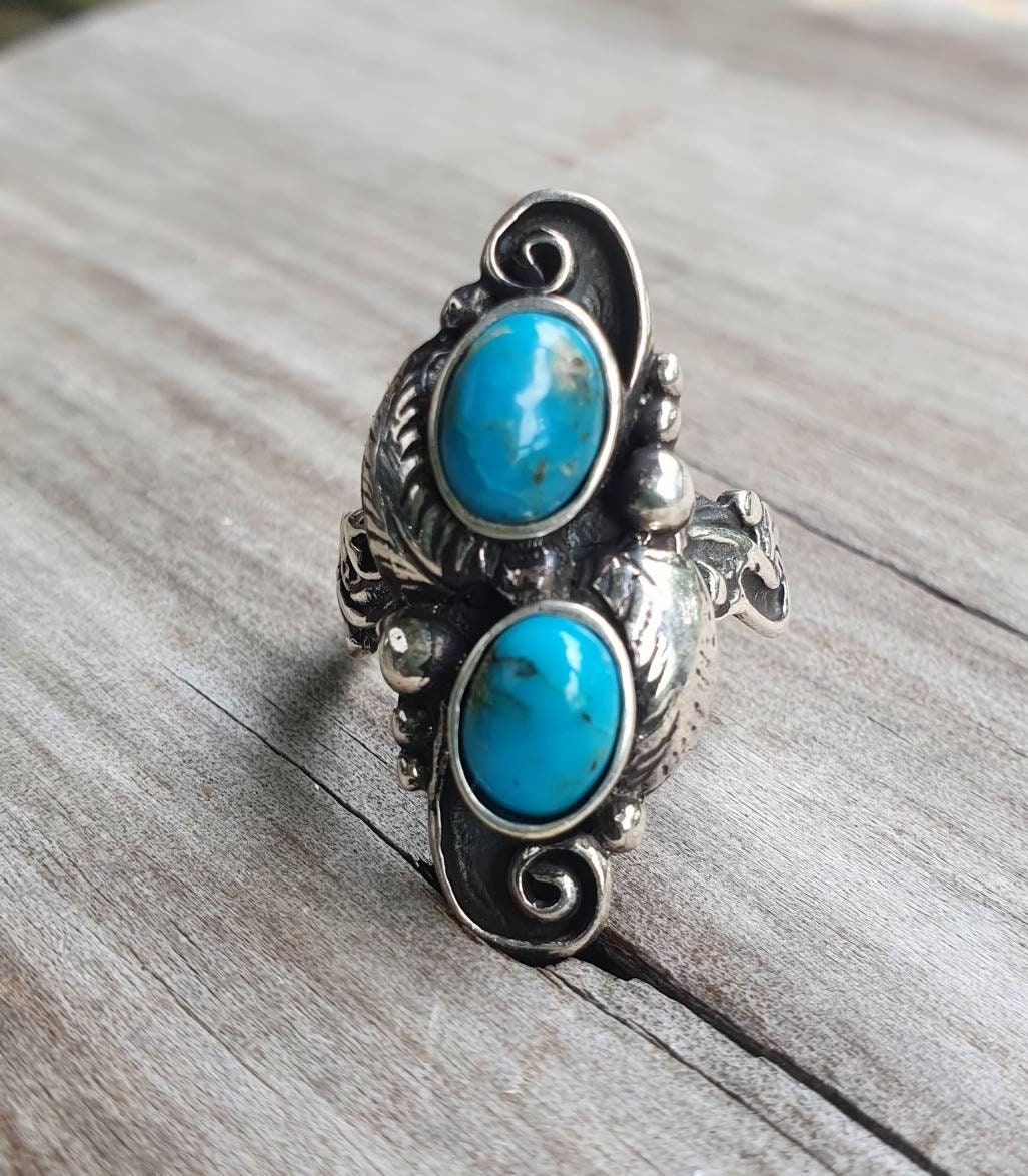 Turquoise ring,leaf ring,sterling silver, alternative, steampunk,gothic,victorian, flower,rockabilly,long ring,boho,gypsy,tribal