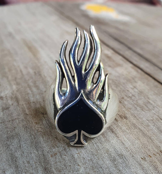 Ace of spades ring, gambling,flame ring, cards,sterling silver ring,vegas,poker,black jack,hipster,biker,casino,ace ring