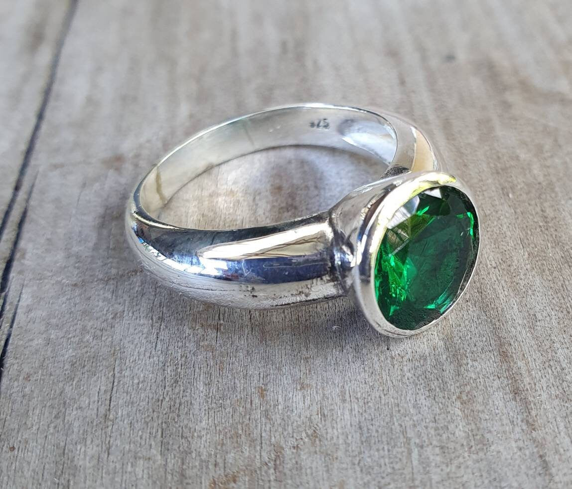 Green Cubic zirconia ring,sterling silver,green stone, cz,chunky solitare,silver cz,handmade, ring,goddess,boho,solitare ring,new age,