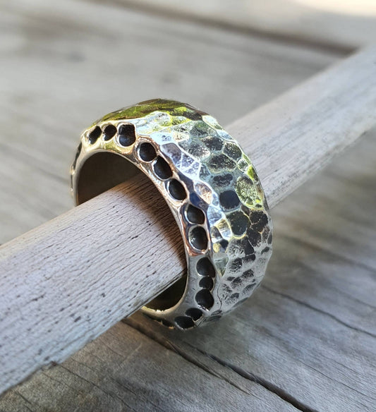 Heavy rustic ring,chunky sterling silver,hammered thick band,steampunk, chunky wedding ring, dress ring