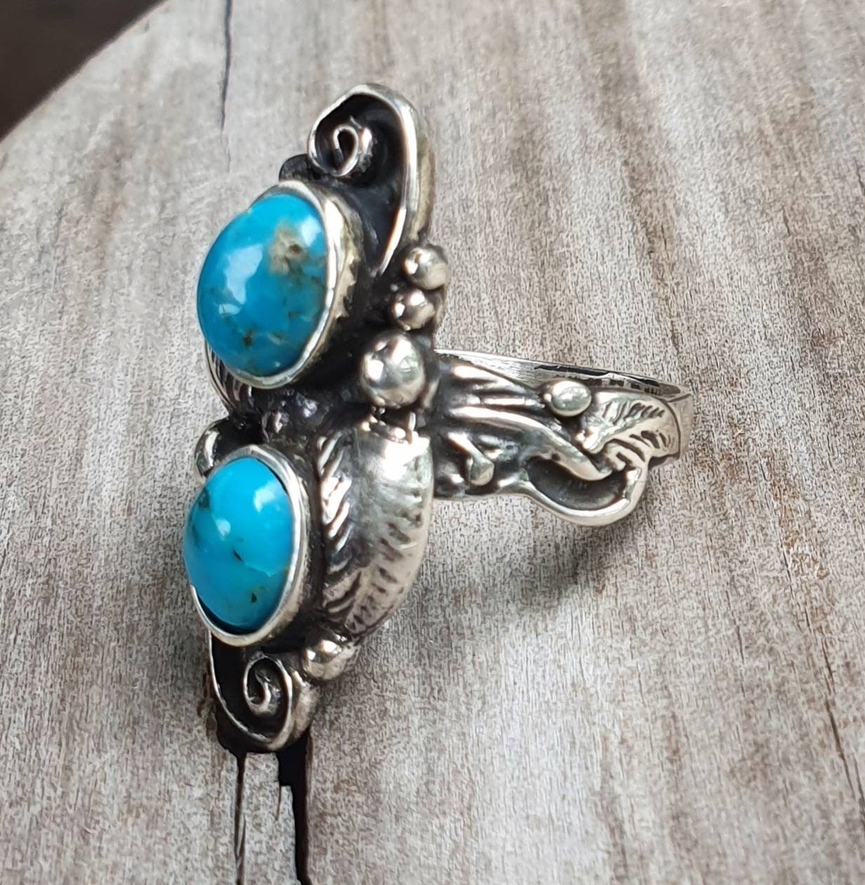 Turquoise ring,leaf ring,sterling silver, alternative, steampunk,gothic,victorian, flower,rockabilly,long ring,boho,gypsy,tribal