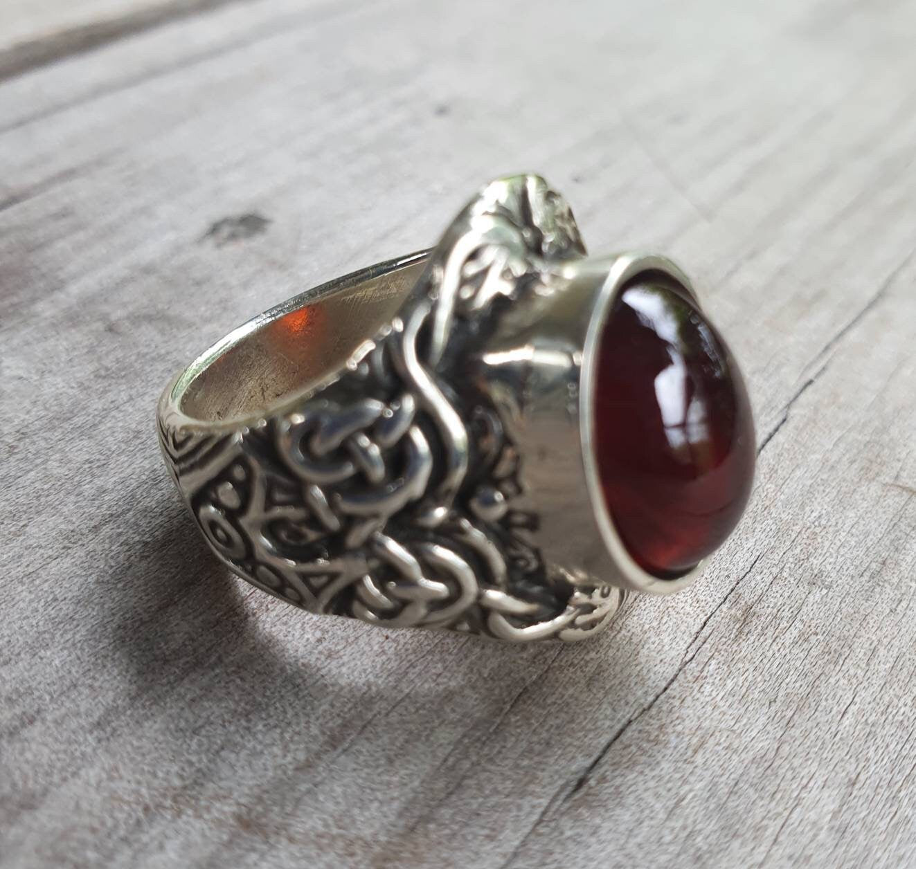 Garnet celtic,sterling silver,long. tribal,dress ring, wedding,boho gemstone,large stone ring