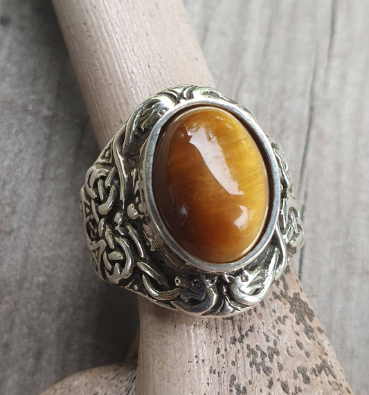 celtic  ring,tigers eye,sterling silver, tribal,dress ring, wedding,boho gemstone,large stone ring