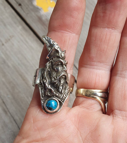 Large wizard ring,turquoise,sterling silver,cubic zirconia,handmade,witch,wiccan,magic,fantasy,mythical,occult,merlin,