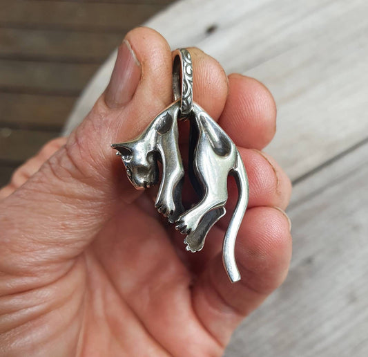 Large cat pendant, sterling silver,boho,gypsy,hippy,woodland,animal,feline,handmade,