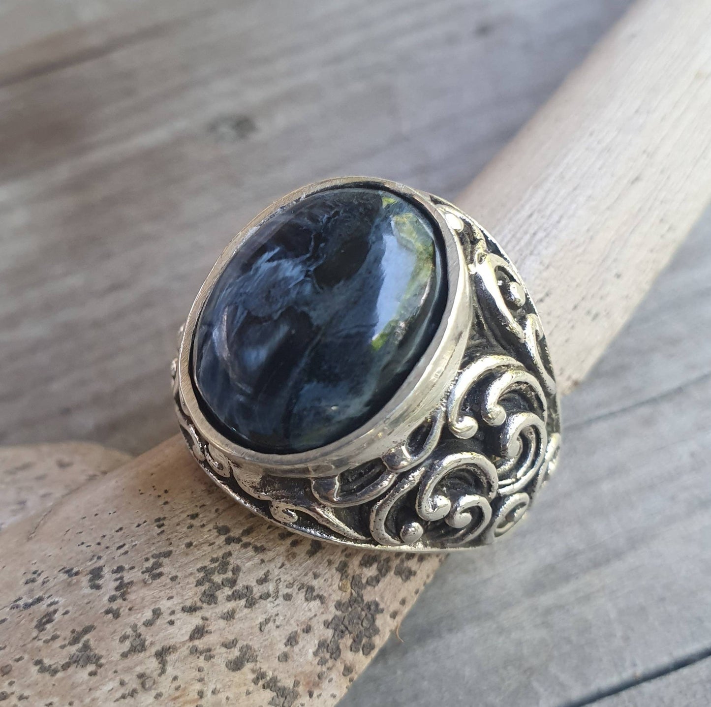 Pietersite,Tigers eye,chunky ring, sterling silver,beautiful scroll sides,vintage style,Japanese style waves,mens fashion,boho,