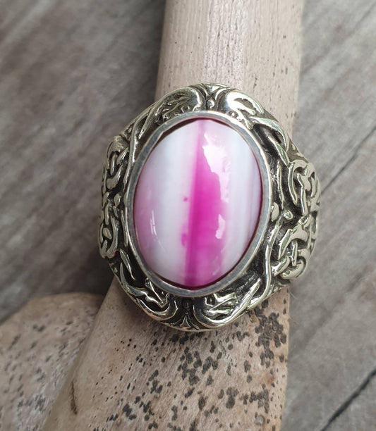 celtic ring,pink banded agate,sterling silver, tribal,dress ring, wedding,boho gemstone,large stone ring