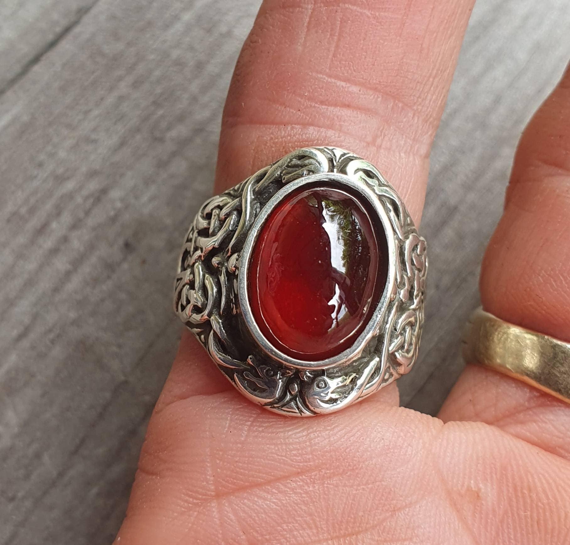 Garnet celtic,sterling silver,long. tribal,dress ring, wedding,boho gemstone,large stone ring