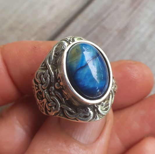 Silver celtic ring, rare blue tigers eyes,sterling silver,long. tribal,dress ring, wedding,boho gemstone,large stone ring