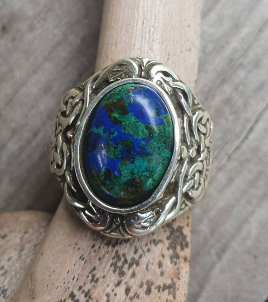 Silver celtic ring,azurite,sterling silver,long. tribal,dress ring, wedding,boho gemstone,large stone ring