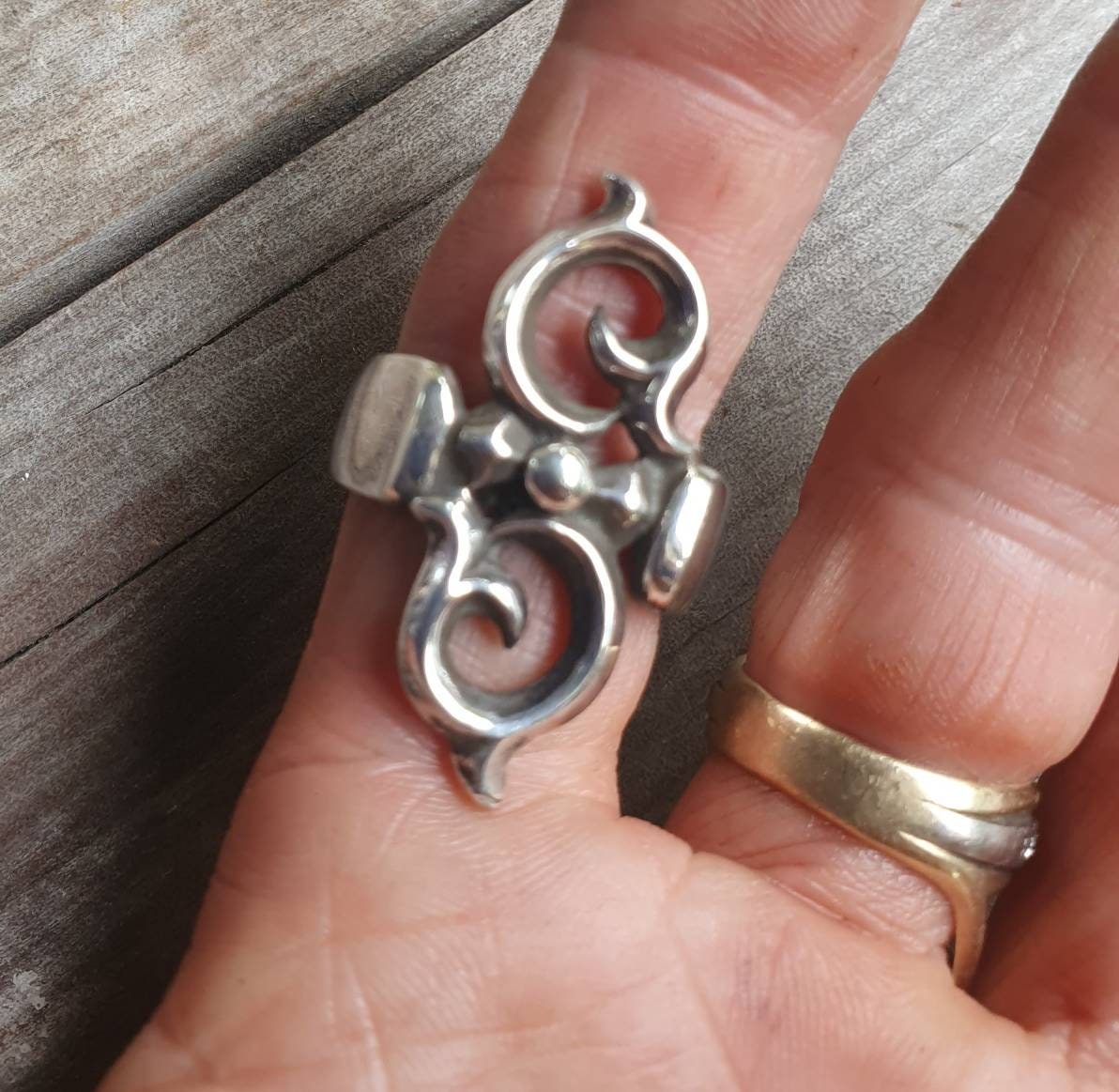 Long silver ring,handmade   sterling silver,vintage style scroll,boho,