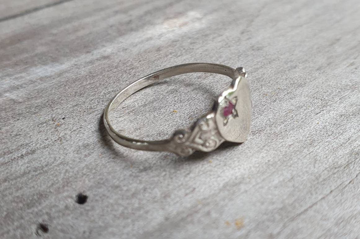 Signet ring,sterling silver,tiny heart ring,ruby,engraved signet,pinkie signet,girls signet ring,heart signet