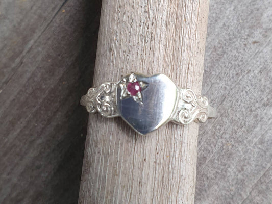 Signet ring,sterling silver,tiny heart ring,ruby,engraved signet,pinkie signet,girls signet ring,heart signet