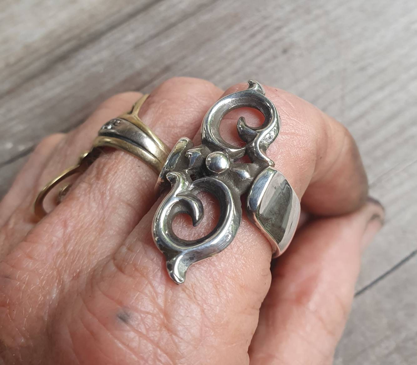 Long silver ring,handmade   sterling silver,vintage style scroll,boho,