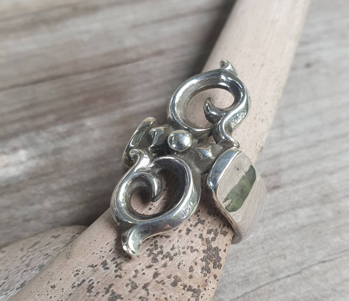 Long silver ring,handmade   sterling silver,vintage style scroll,boho,