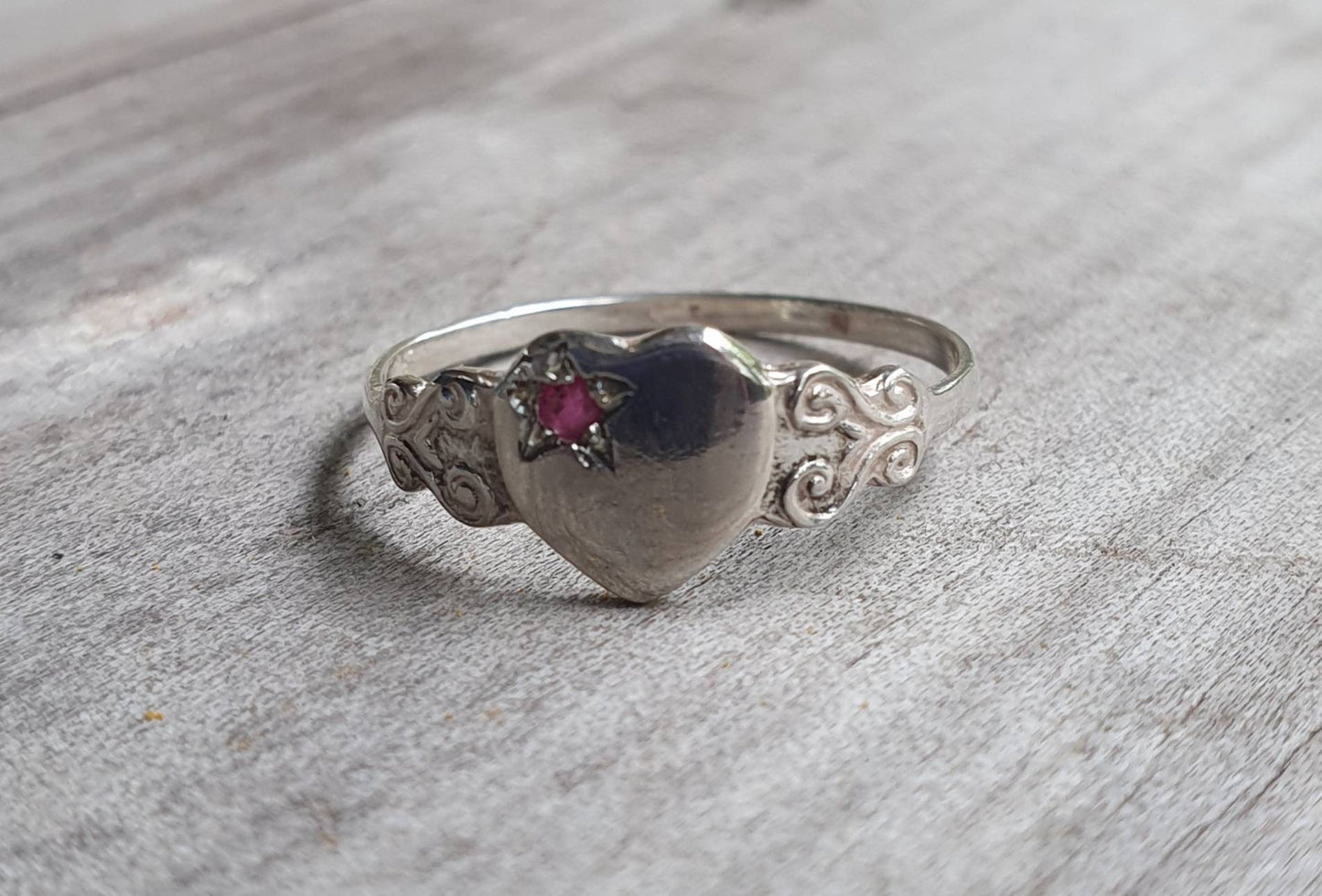 Signet ring,sterling silver,tiny heart ring,ruby,engraved signet,pinkie signet,girls signet ring,heart signet