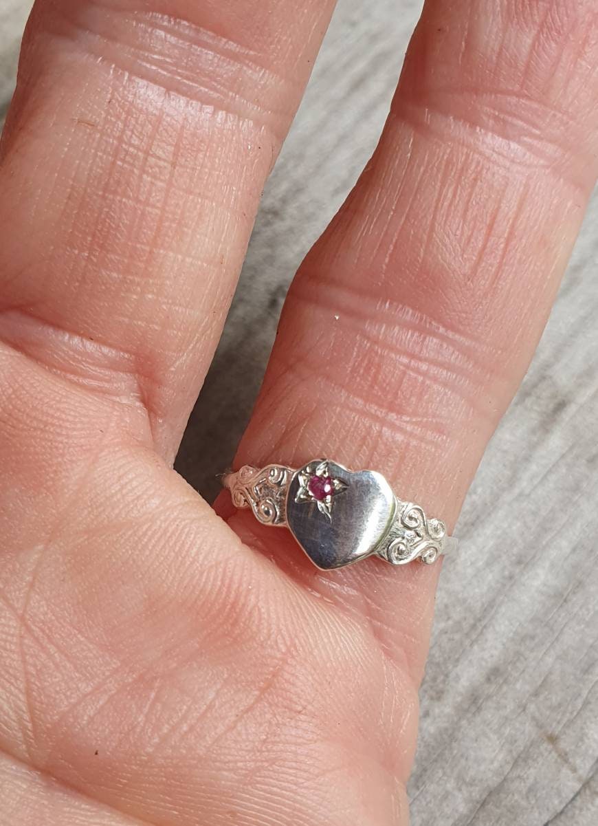 Signet ring,sterling silver,tiny heart ring,ruby,engraved signet,pinkie signet,girls signet ring,heart signet